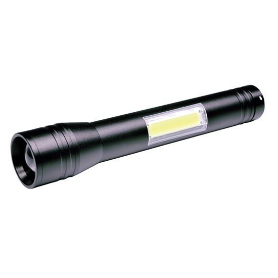 LED kovové svietidlo 3W + COB, 150 + 120lm, 2x AA, čierna