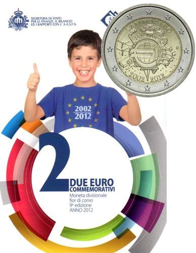 2 euro 2012 San Maríno BU karta , zavedenie hotovostnej eurovej meny