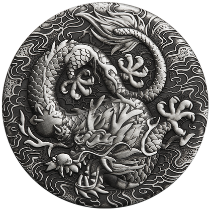 2 Dollars 2022 Austrália BU Antiqued 2 Oz Ag Dragon 