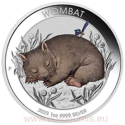 Dollar 2023 Austrália BU karta farbená 1 Oz Ag Australian Wombat (X:1:3)