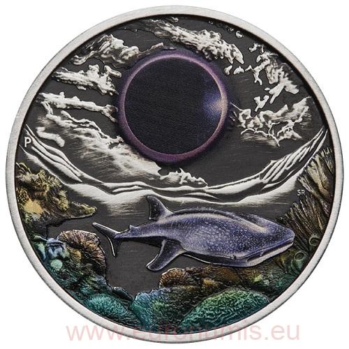 2 Dollars 2023 Austrália BU Antiqued farbená 2 Oz Ag Ningaloo Eclipse (X:3:5)