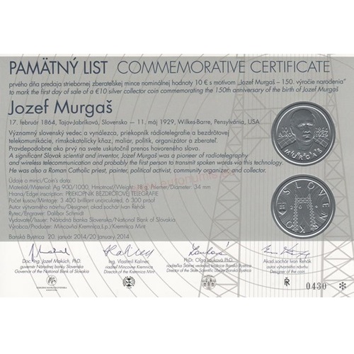 Pamätný list 2014, Jozef Murgaš 