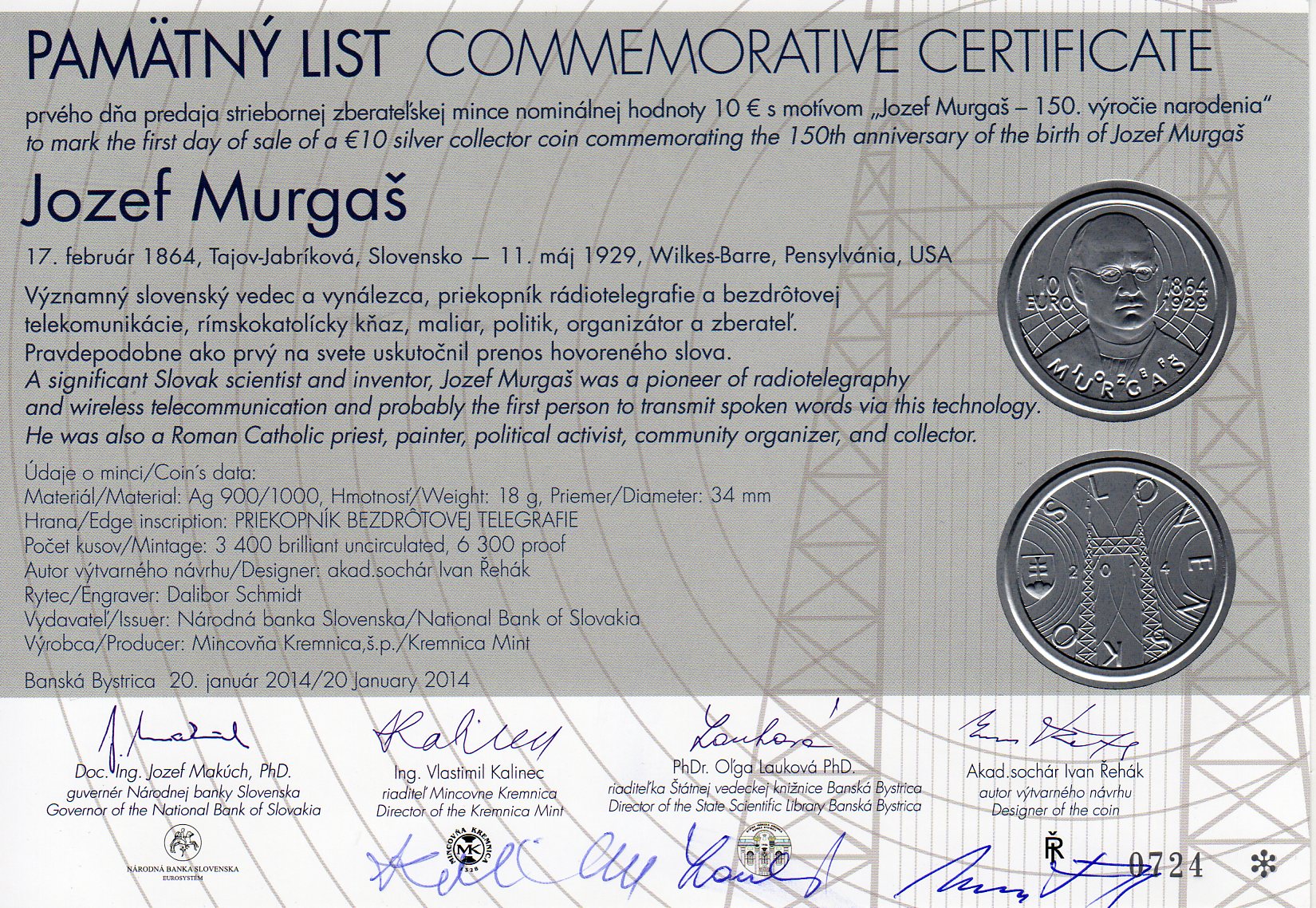Pamätný list 2014, Jozef Murgaš (originál 3 podpisy)