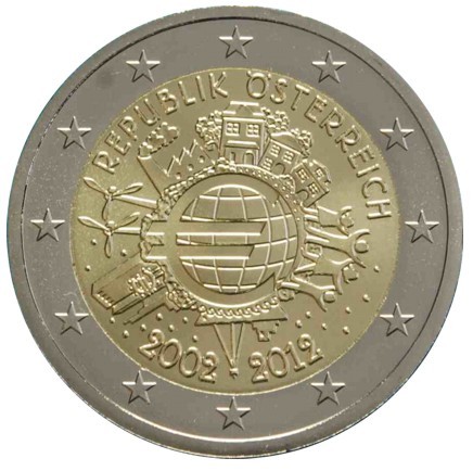 2 euro 2012 Rakúsko cc.UNC, 10 Rokov Euro Meny