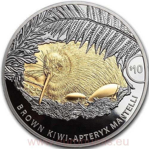 10 Dollars 2021 Nový Zéland PROOF 5 Oz Ag Brown Kiwi