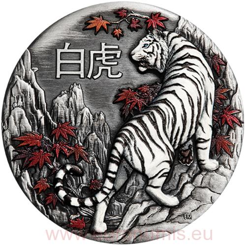 2 Dollars 2022 Tuvalu BU patinované farbené 2 Oz Ag White Tiger