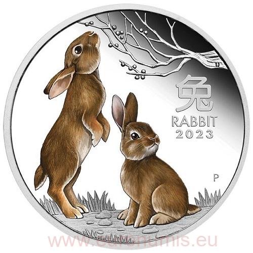 Dollar 2023 Austrália PROOF farbená 1 Oz Ag Lunar III. Rabbit