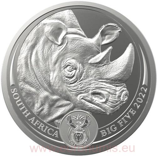 5 Rand 2022 Južná Afrika BU karta 1 Oz Ag Big Five II - Rhino (V:8:4)