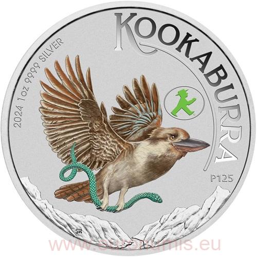 Dollar 2024 Austrália BU karta farbená 1 Oz Ag Kookaburra WMF