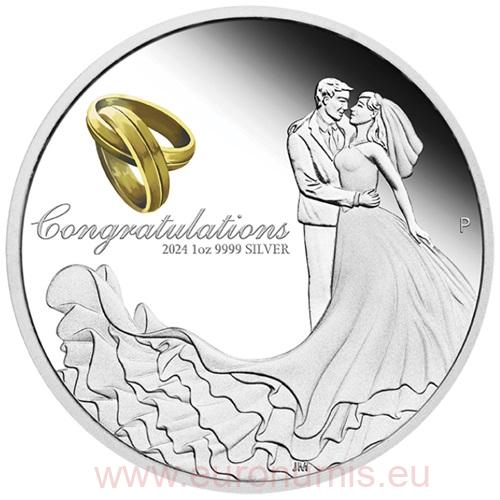 Dollar 2024 Austrália PROOF farbená 1 Oz Ag, svadobná