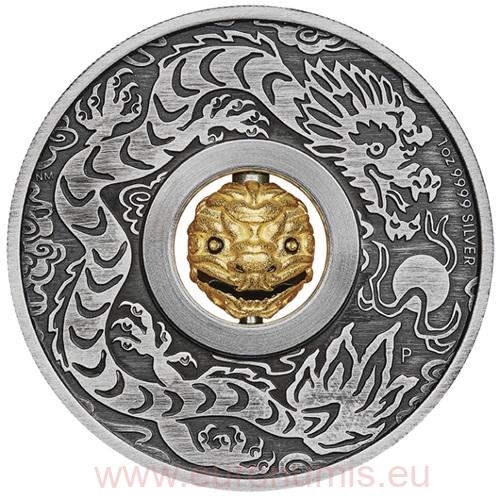 Dollar 2024 Tuvalu BU Antiqued 1 Oz Ag, Lunar III - Year of the Dragon