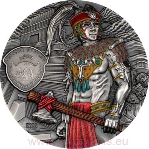 10 Dollars 2023 Palau BU Antiqued farbená 2 Oz Ag, Mayans Warrior & Tikal