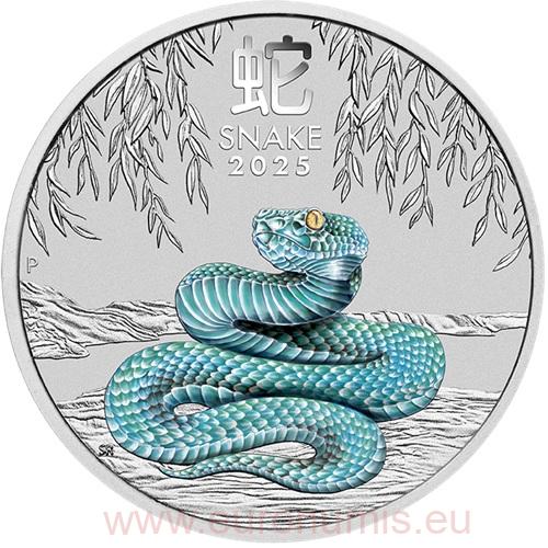 Dollar 2025 Austrália BU farbená 1 Oz Ag, Lunar III. – Year of the Snake