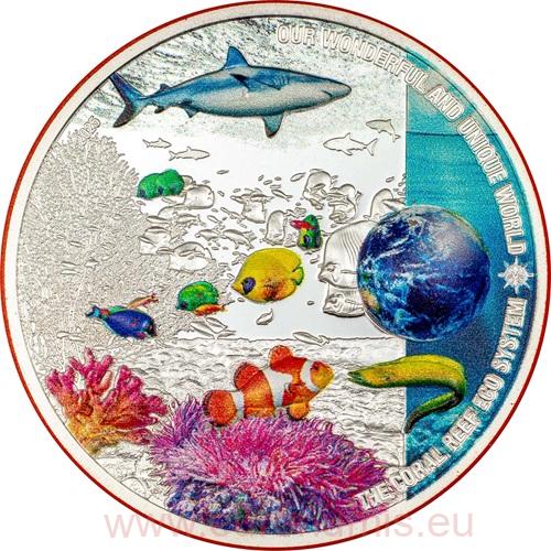 10 Dollars 2025 Palau PROOF farbená 2 Oz Ag, Coral Reef