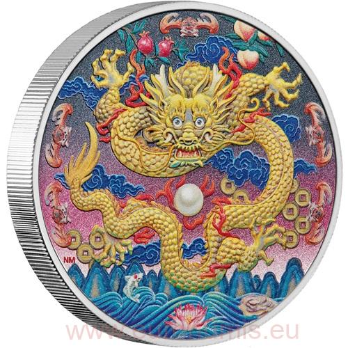 3 Dollars 2025 Tuvalu PROOF farbená 3 Oz Ag, Imperial Golden Dragon