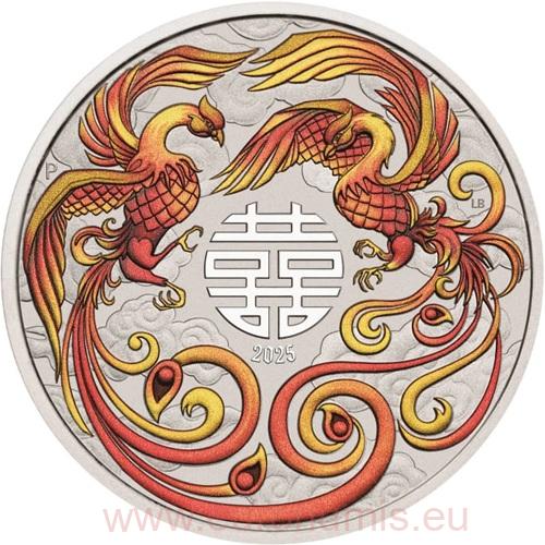 Dollar 2025 Austrália BU farbená 1 Oz Ag, Double Phoenix (Red-Gold)
