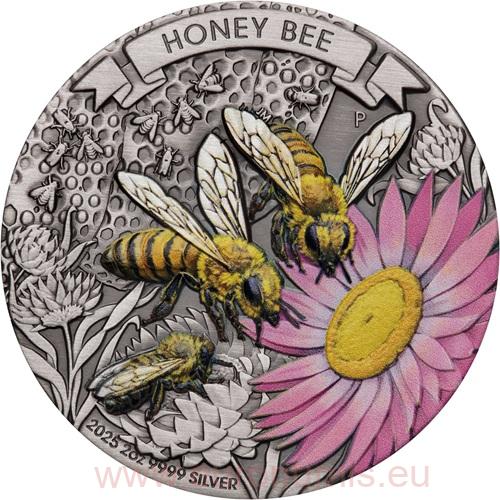2 Dollars 2025 Austrália BU Antiqued farbená 2 Oz Ag, Honey Bee