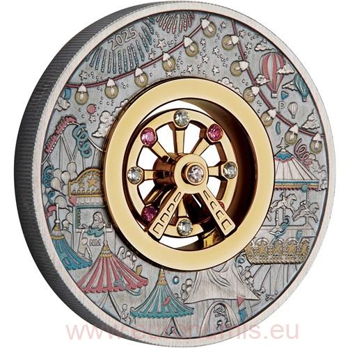 2 Dollars 2025 Tuvalu BU Antiqued farbená 2 Oz Ag, Ferris Wheel