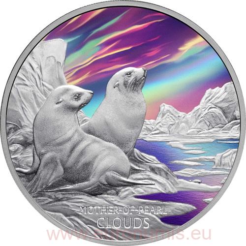 Dollar 2025 Tuvalu PROOF farbená 1 Oz Ag, Mother of Pearl Clouds
