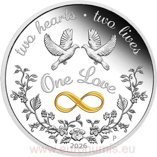 Dollar 2026 Austrália PROOF 1 Oz Ag, One Love