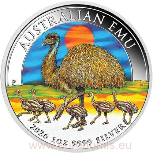 Dollar 2026 Austrália BU farbená 1 Oz Ag, Australian Emu 