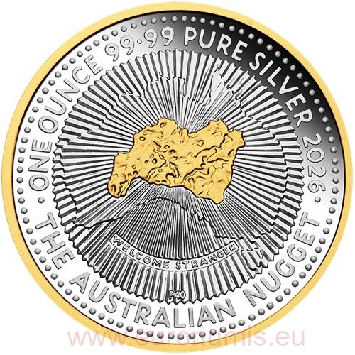 Dollar 2026 Austrália PROOF Gilded 1 Oz Ag, 40th Anniversary of the Australian Nugget