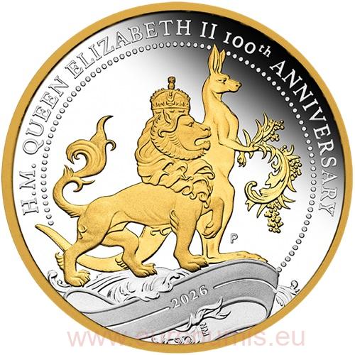 Dollar 2026 Austrália PROOF Gilded 1 Oz Ag, Elizabeth II. 100th Anniversary