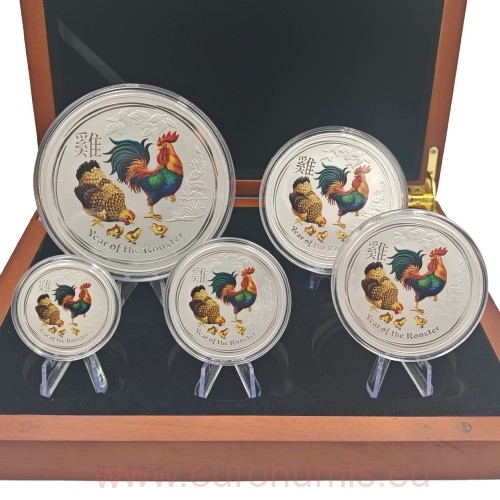 Sada 5 mincí 2017 Austrália BU farbená 18,5 Oz Ag, LUNAR II. -  Year of the Rooster