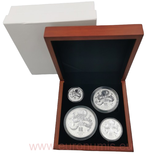 Sada 4 mincí 2024 Austrália BU 8,5 Oz Ag, Lunar III. – Year of the Dragon