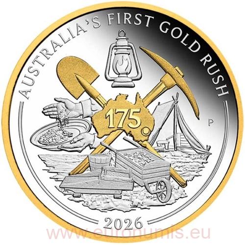 Dollar 2026 Austrália PROOF Gilded 1 Oz Ag, First Gold Rush 175th Anniversary