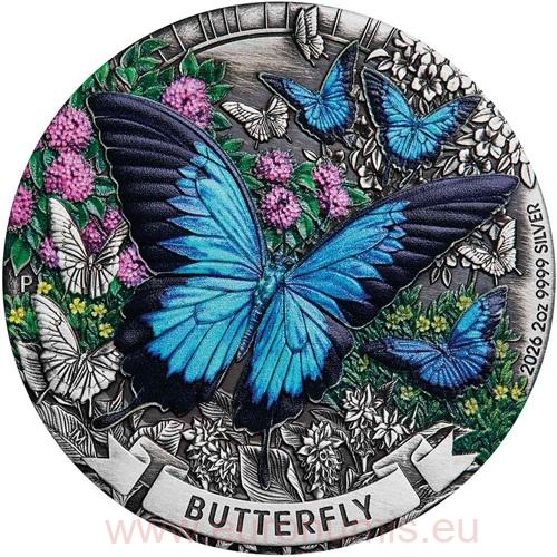 2 Dollars 2026 Austrália BU Antiqued farbená 2 Oz Ag, Butterfly