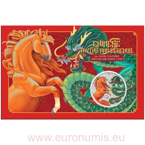 Dollar 2026 Austrália BU karta farbená 1 Oz Ag, Chinese Myths and Legends Dragon and Horse