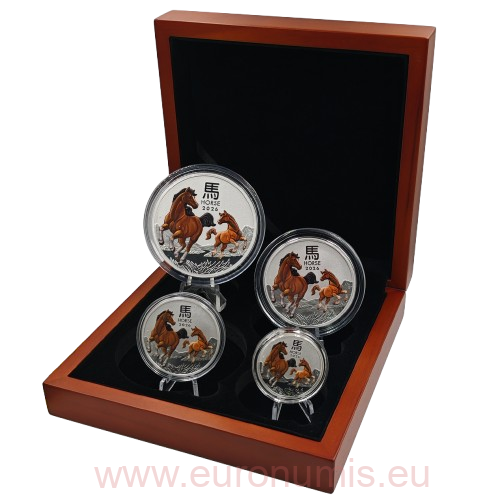 Sada 4 mincí 2026 Austrália BU farbená 8,5 Oz Ag, Lunar III. – Year of the Horse