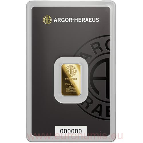Investičné zlato - zlatá tehlička 2 g 999,9 Au, Argor-Heraeus (Nový dizajn)