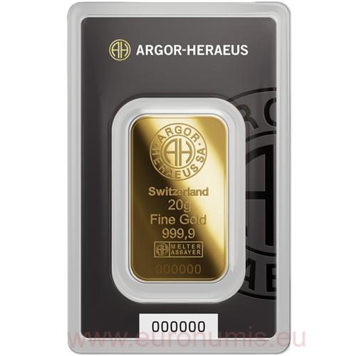 Investičné zlato - zlatá tehlička 20 g 999,9 Au, Argor-Heraeus (Nový dizajn)