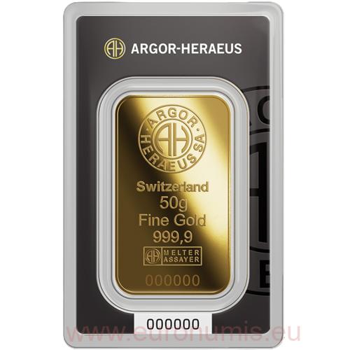 Investičné zlato - zlatá tehlička 50 g 999,9 Au, Argor-Heraeus (Nový dizajn)