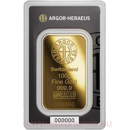 Investičné zlato - zlatá tehlička 100 g 999,9 Au, Argor-Heraeus (Nový dizajn)