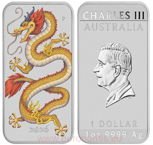Dollar 2026 Austrália BU karta farbená 1 Oz Ag, Dragon Rectangular