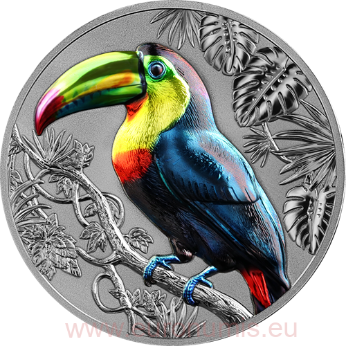 5 Dollars 2026 Niue BU farbená High Relief 2 Oz Ag, Rainbow Toucan