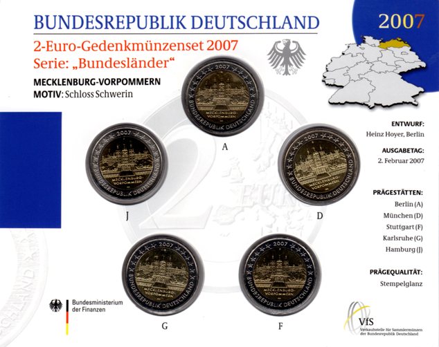 5 x 2 euro 2007 "ADFGJ" Nemecko cc.karta Meklenbursko-Predpomoransko