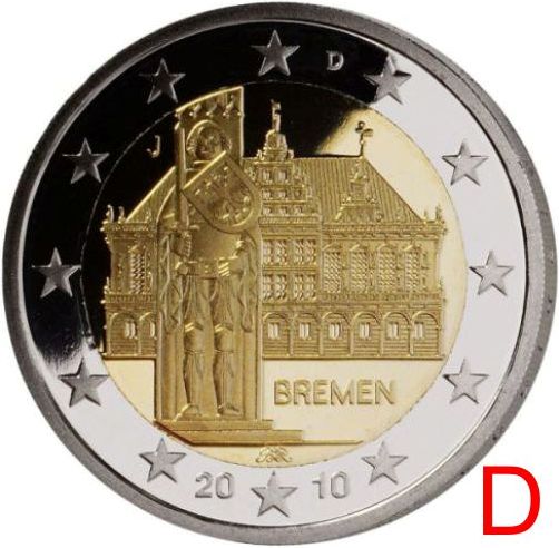 2 euro 2010 D Nemecko cc.UNC, Brémy