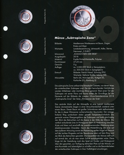Doplňujúce listy pre album OPTIMA 5 euro 2018 "Subtropical zone" (CLAS5EURON18)