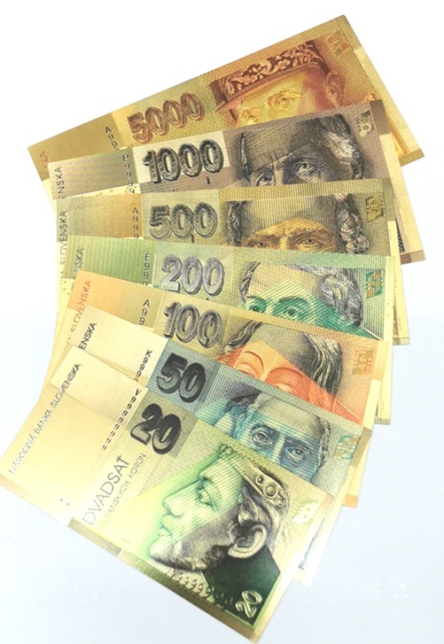 Set korunové bankovky 20 - 5000 Korún, (pozlátené repliky 24k GOLD)