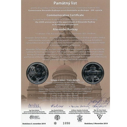 Pamätný list 2019, Alexander Rudnay (originál 1 podpis)