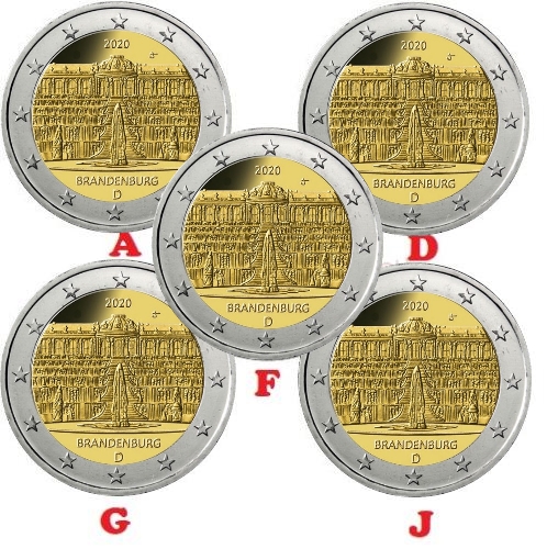 5 x 2 euro 2020 ADFGJ Nemecko cc.UNC, Brandenburg 