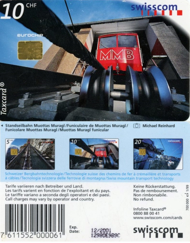 Tel.Karta, 1999, Švajčiarsko, swisscom, Muottas Muragl funicular (1/99)