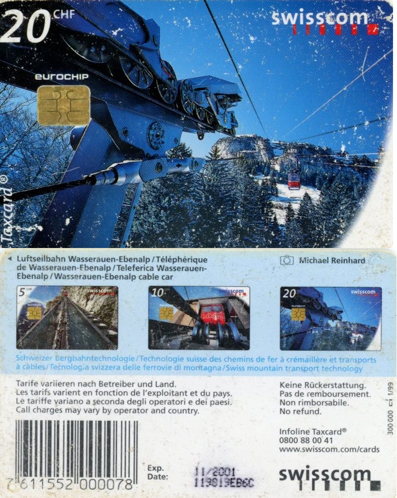Tel.Karta, 1999, Švajčiarsko, swisscom, Wasserauen-Ebenalp cable car (1/99)
