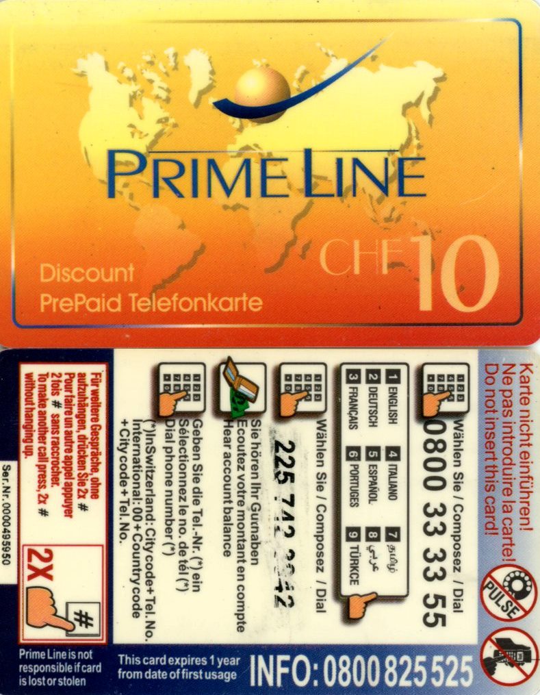 Tel.Karta, Švajčiarsko, PRIMELINE, CHF10 