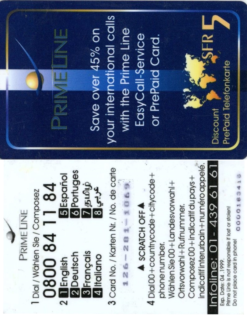 Tel.Karta, Švajčiarsko, PRIMELINE, SFR5 