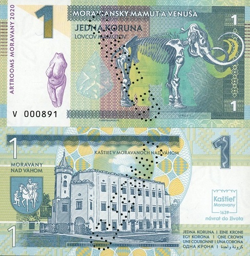 1 Koruna 2020 UNC Moraviansky mamut a Venuša séria V - zelená perforovaná
